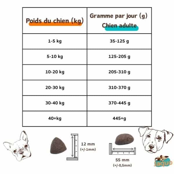 Tableau ration journalière croquette fait maison pour chien poulet riz