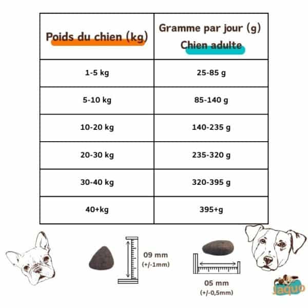 Tableau Ration journalière recette croquettes faible en glucide pour chien