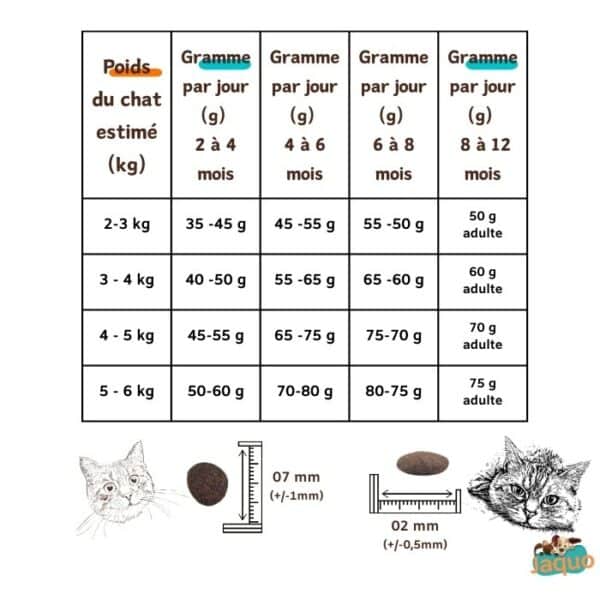 Tableau ration Recette croquettes artisanales pour chats stérilisés d'intérieur et seniors poulet/thon/saumon
